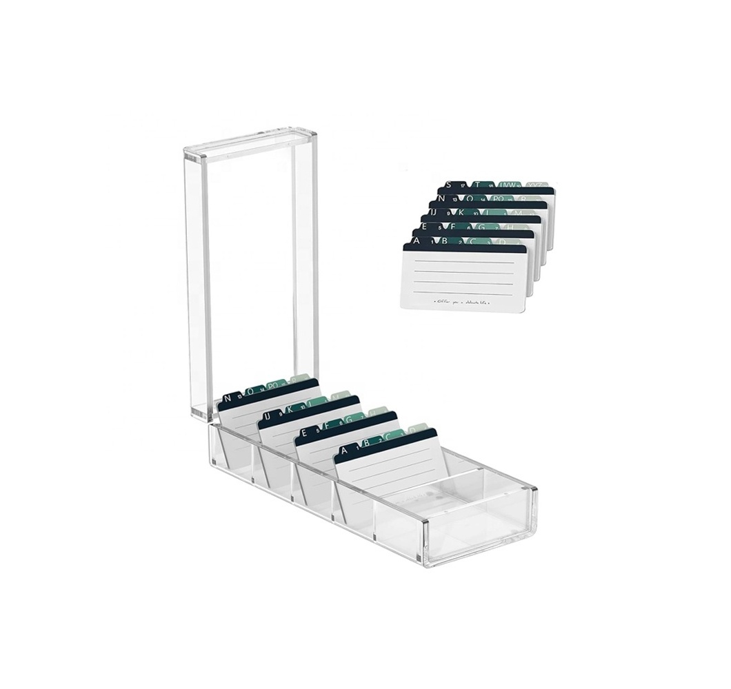 Acrylic Business Card Organizer Box with with magnet lids and 6 Dividers Holds 600 Cards A-Z Tabs Recipe Note Card Holder