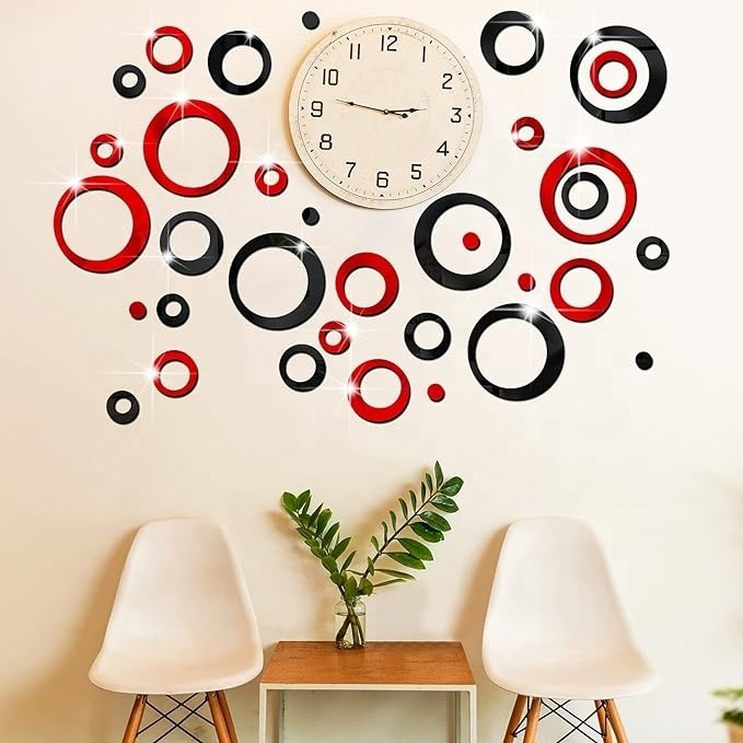 72 Pieces Removable Acrylic Circle Mirror Wall Stickers Red Black Decor Mirror Wall Decals for Home Living Room Bedroom Decor