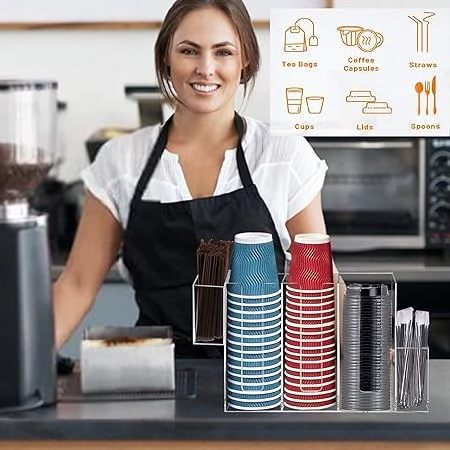 Coffee Cup Dispenser For Counter,Disposable Cup Lids and Straw Holder with 5 Compartments, Wall Mount Cup Holder For Plastic