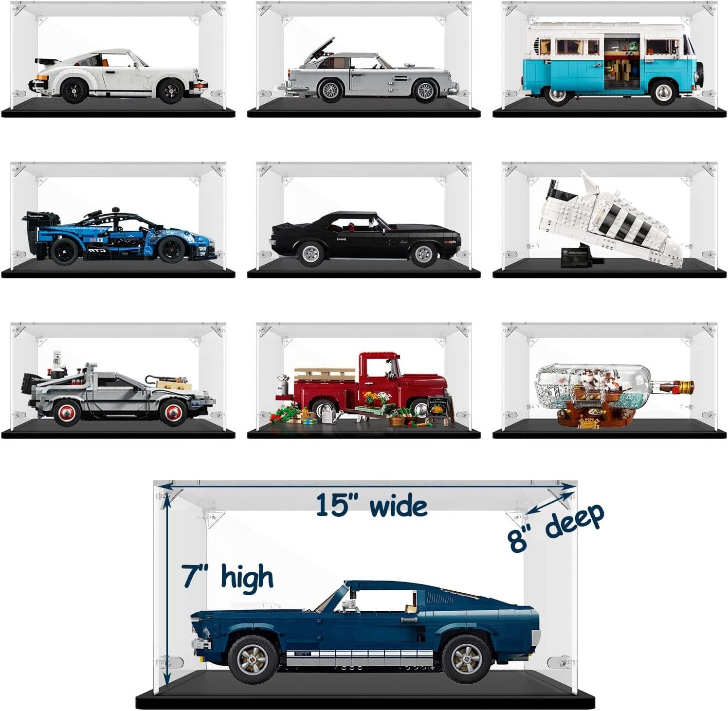 Acrylic Display Case Lego Cars Diecast Model 3mm Thickness Solid Wooden 15 x 8 x 7 Inches Base Dustproof Clear Display Box