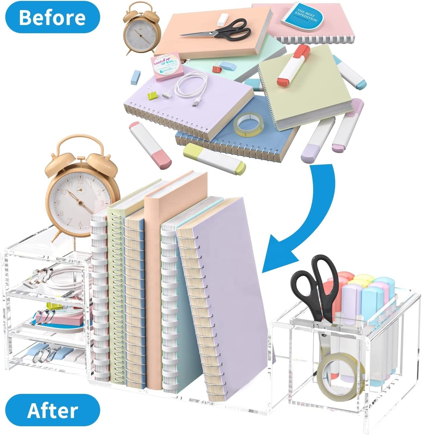 Clear Acrylic Desk Organizer Multi-functional with 2 Pen Holder and 3 Drawer Bookshelf Counter for Home Office School Classroom