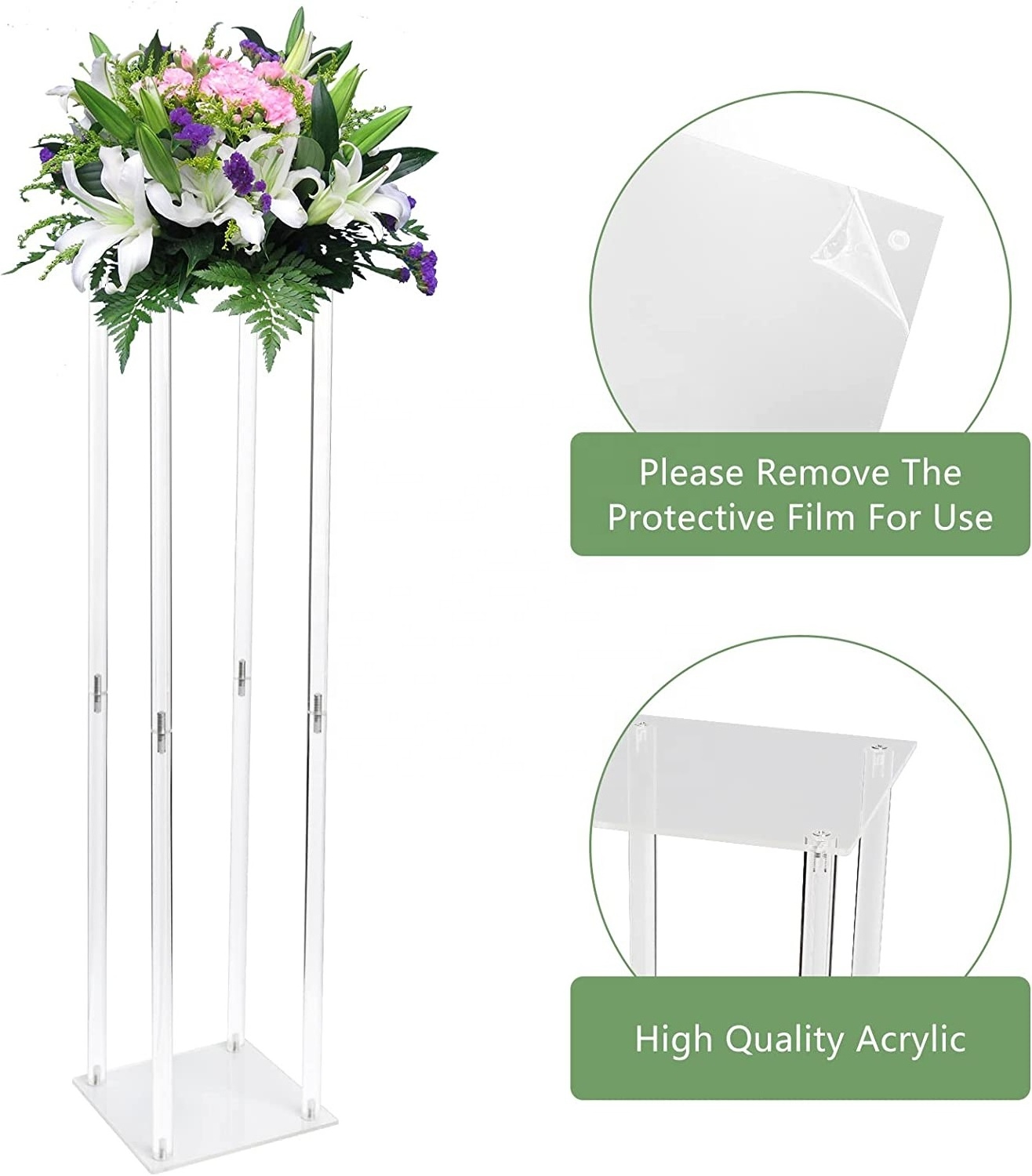 2pcs Acrylic Wedding Centerpieces for Table Column Flower Stand 31.5'' Tall Rectangular Flower Display Rack for Party Reception