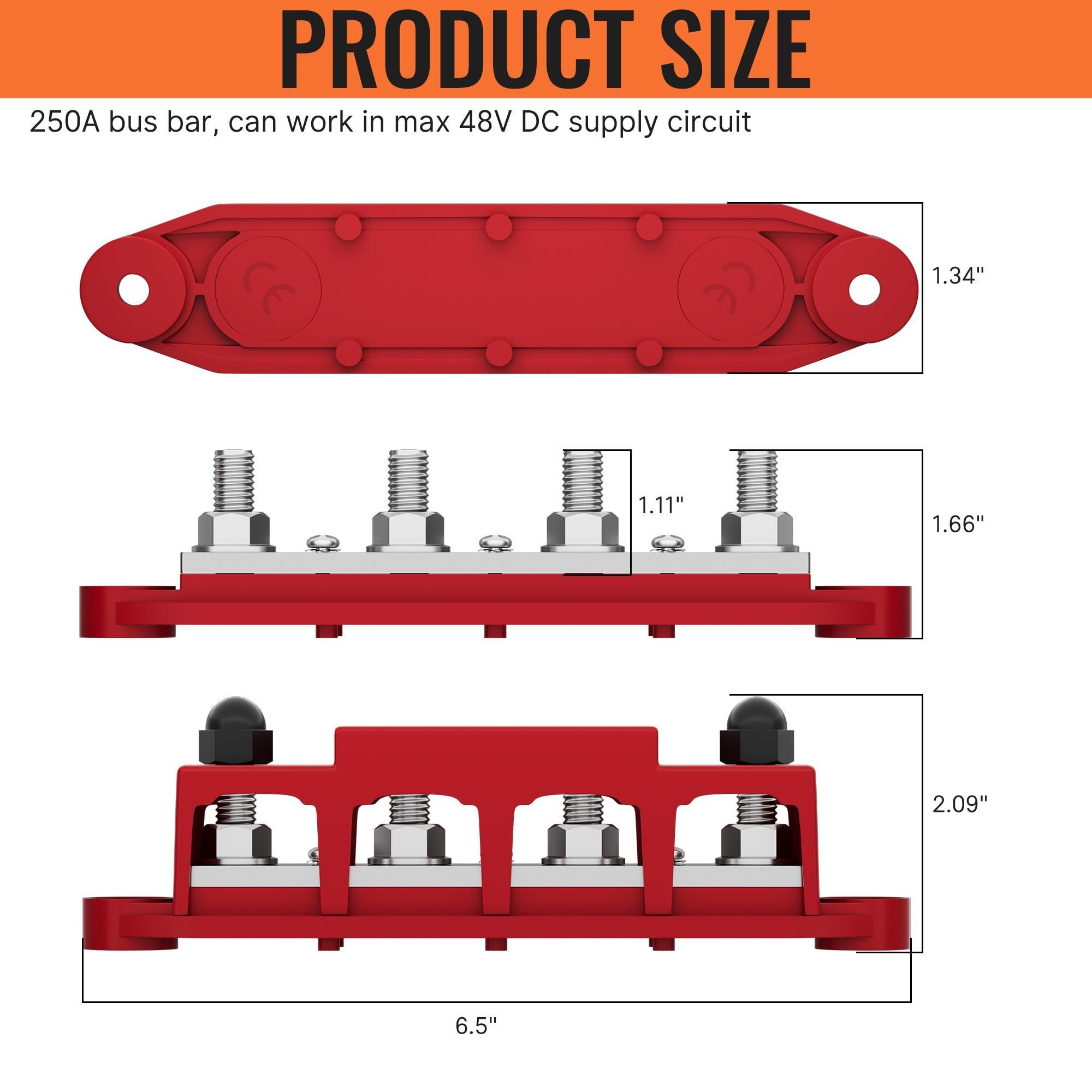 Marine Bus Bar 12V 250A Power Distribution Block 4 Posts Junction Block, Automotive Copper Battery Terminal Block with Cover