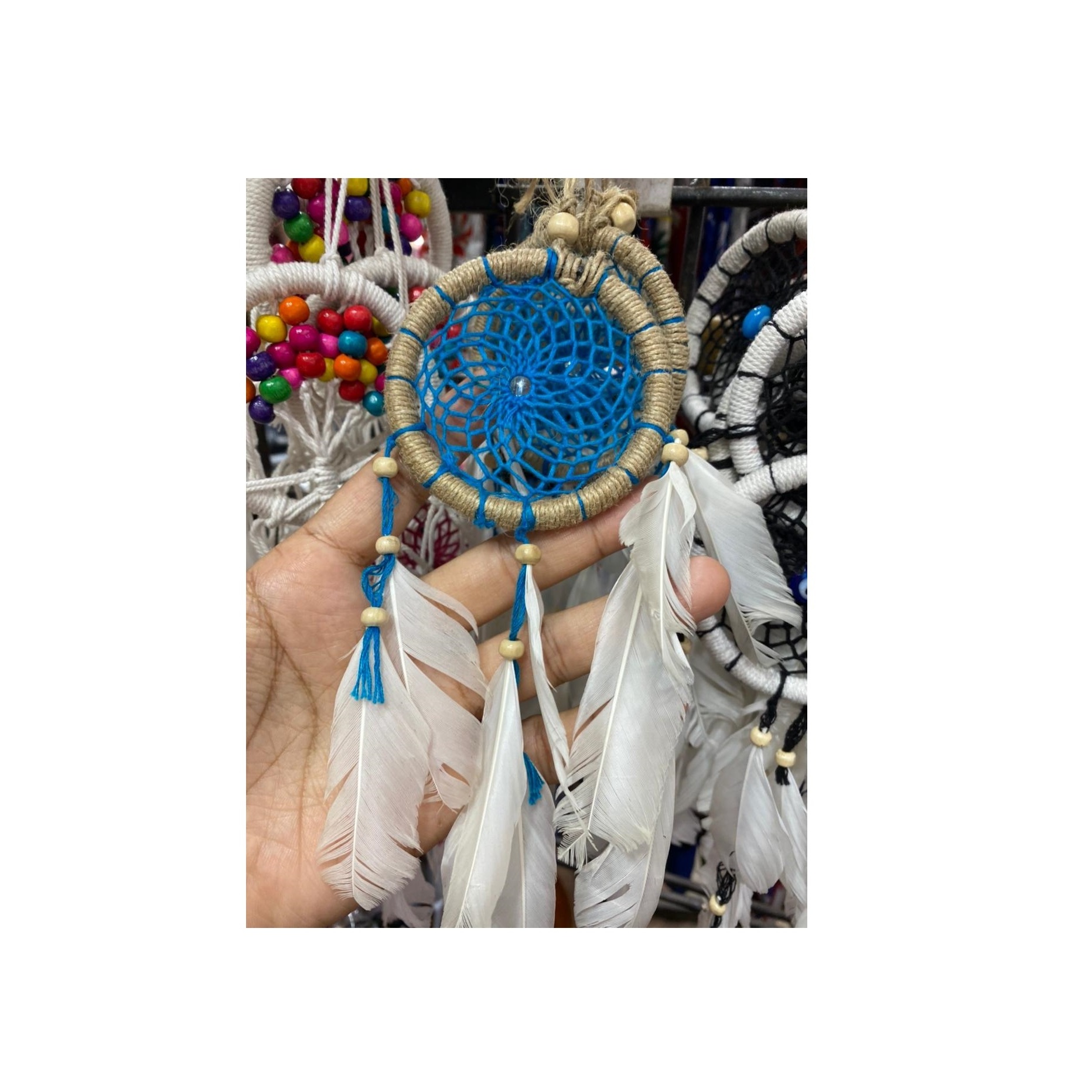 Handcrafted colourful Feather Lucky Turquoise Pendant Beaded Fairy Lamp Dream Catcher for Wall Hanging from India