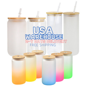 USA Warehouse 16oz Sublimation Clear Frosted Can Glass Mug 16oz Beer Can Cups With Bamboo Lid And Straws