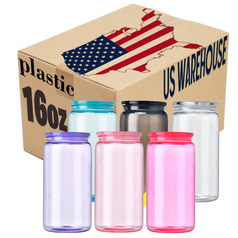 US Warehouse Clear Transparent Colored Jelly 16oz 20oz Plastic Acrylic Cans Soda Beer Can Cup With Colorful PP Lids