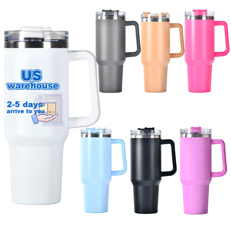 USA WAREHOUSE Double Walled Stainless Steel Travel Mug 40oz Car Cup Tumbler With Handle Sublimation Blanks Cup Quencher Tumbler