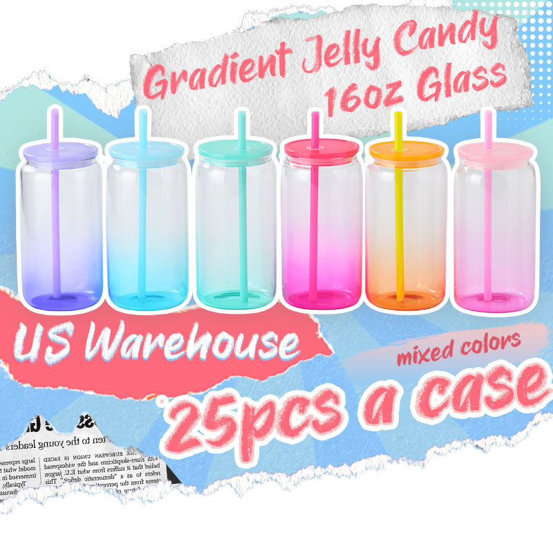 US Warehouse Gradient Jelly Candy 16oz Glass Jar Borosilicate Clear Glass Cups Tumbler Sublimation Soda Beer Glass Can With lid