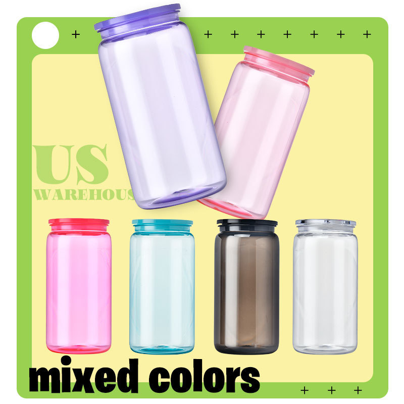 US Warehouse Clear Transparent Colored Jelly 16oz 20oz Plastic Acrylic Cans Soda Beer Can Cup With Colorful PP Lids