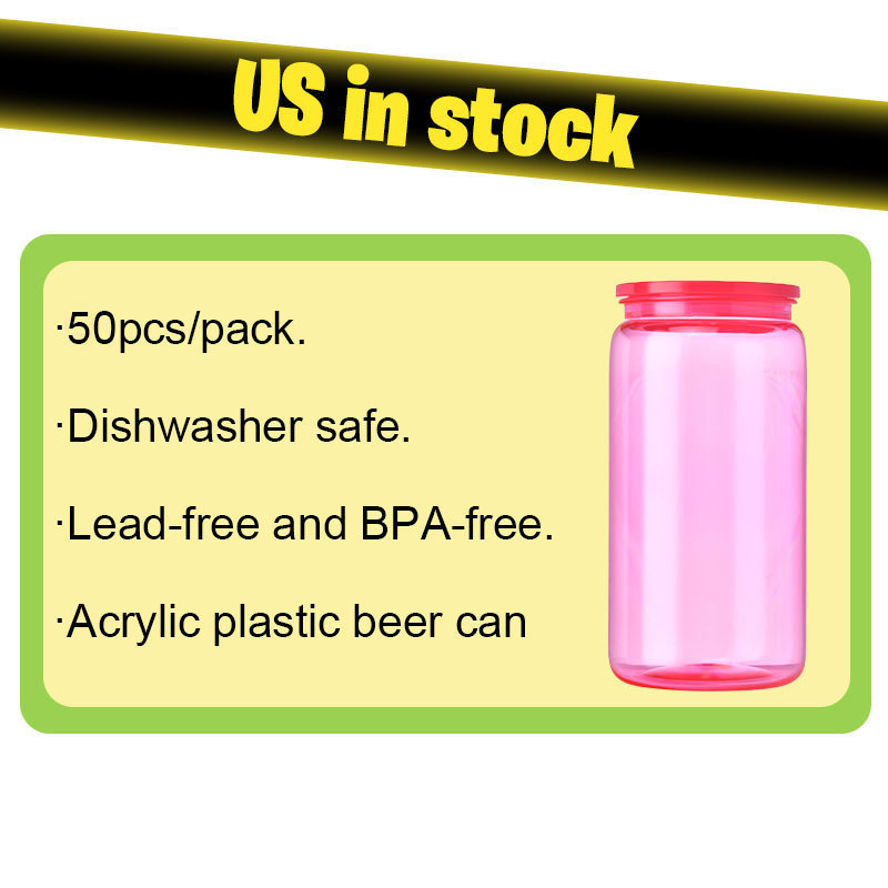 US Warehouse Clear Transparent Colored Jelly 16oz 20oz Plastic Acrylic Cans Soda Beer Can Cup With Colorful PP Lids