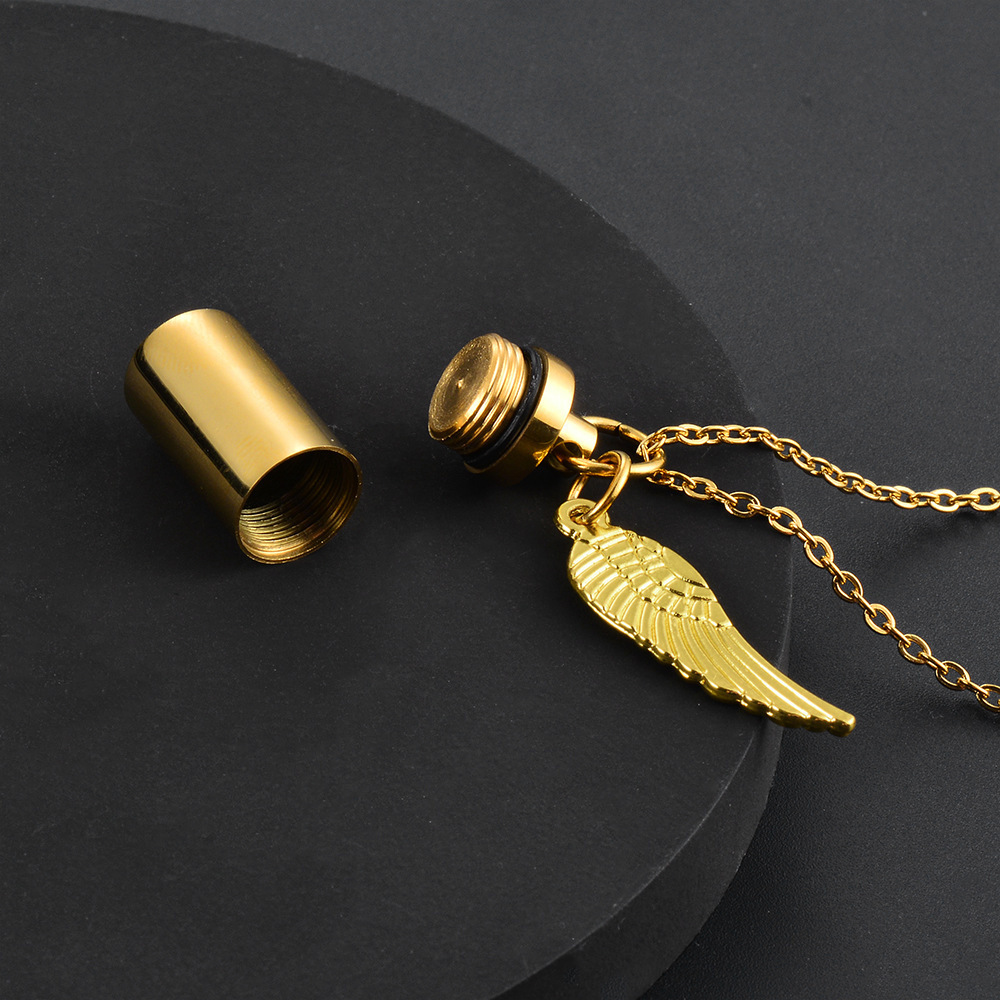 Cylinder Cremation Urn Necklace For Ashes Stainless Steel Memorial Keepsake Pendant With Angel Wing Pet Memorial Jewelry