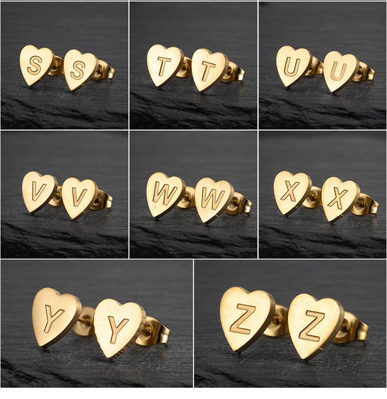 18K Gold Plated Silver Love Tiny Piercing Initial Letter Heart Diy Fashion Trendy Stud Earrings Set For Girls Women