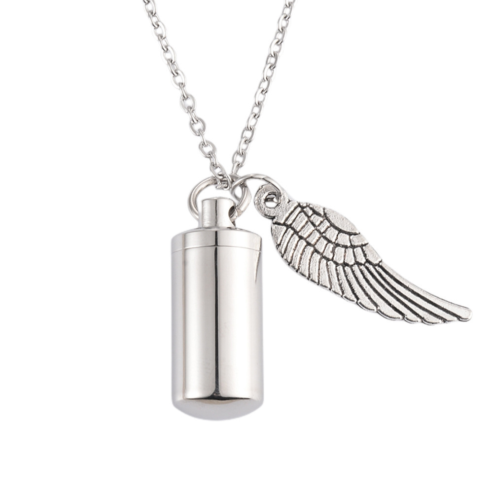 Cylinder Cremation Urn Necklace For Ashes Stainless Steel Memorial Keepsake Pendant With Angel Wing Pet Memorial Jewelry