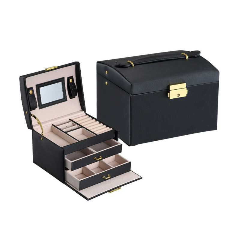 Fashion Pu Leather Beige Three Layers Princess Drawer Mini Locks For Jewelry Box Organizer