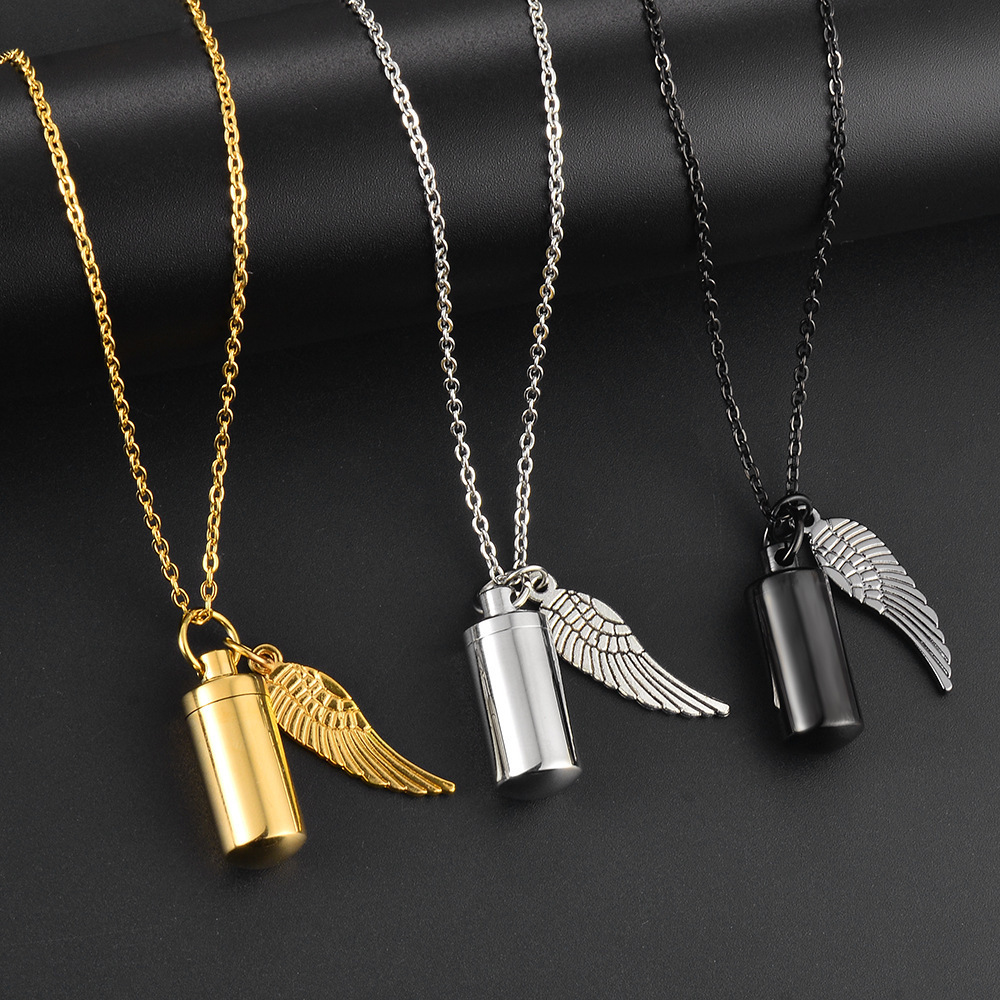 Cylinder Cremation Urn Necklace For Ashes Stainless Steel Memorial Keepsake Pendant With Angel Wing Pet Memorial Jewelry