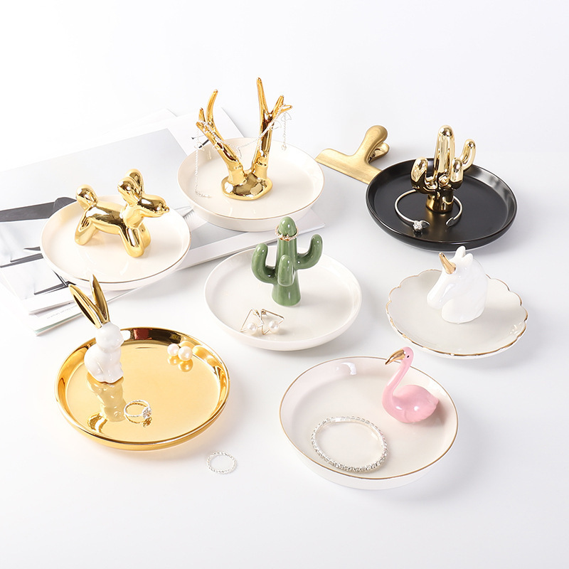 Golden Rabbit Flamingo Cactus Ceramic Unicorn Jewelry Box Tray Display White Ceramic Ring Holder Dish Plates Jewelry Display