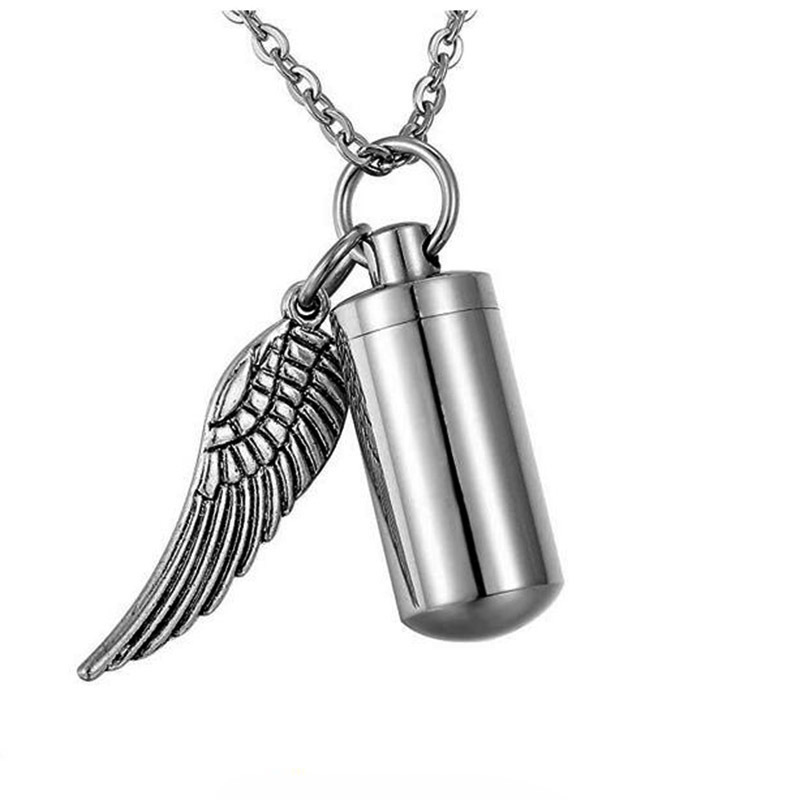 Cylinder Cremation Urn Necklace For Ashes Stainless Steel Memorial Keepsake Pendant With Angel Wing Pet Memorial Jewelry