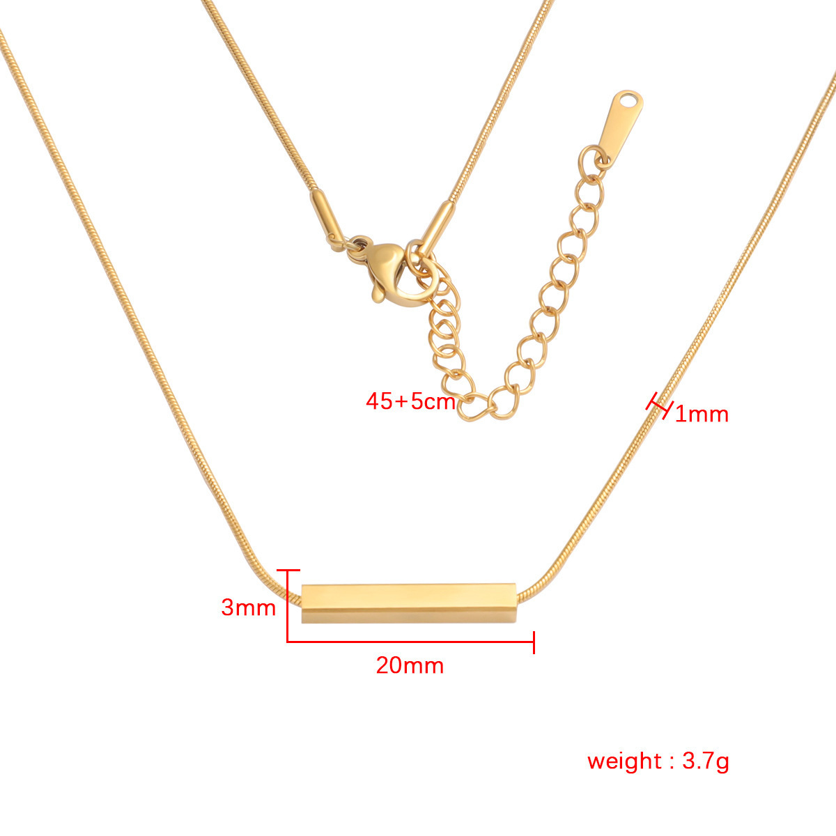 Custom Diy Engraved  Letter Gold Small  Tube Bar Pendant Snake Chain Necklace 304 Stainless Steel Jewelry