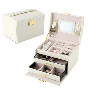 Fashion Pu Leather Beige Three Layers Princess Drawer Mini Locks For Jewelry Box Organizer