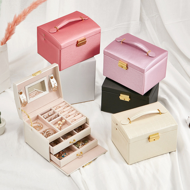 Fashion Pu Leather Beige Three Layers Princess Drawer Mini Locks For Jewelry Box Organizer