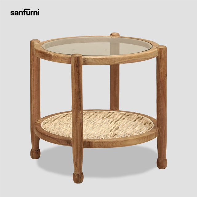 Rattan round coffee table with teak solid wood and glass home furniture modern simple design high quality  wholesale  price