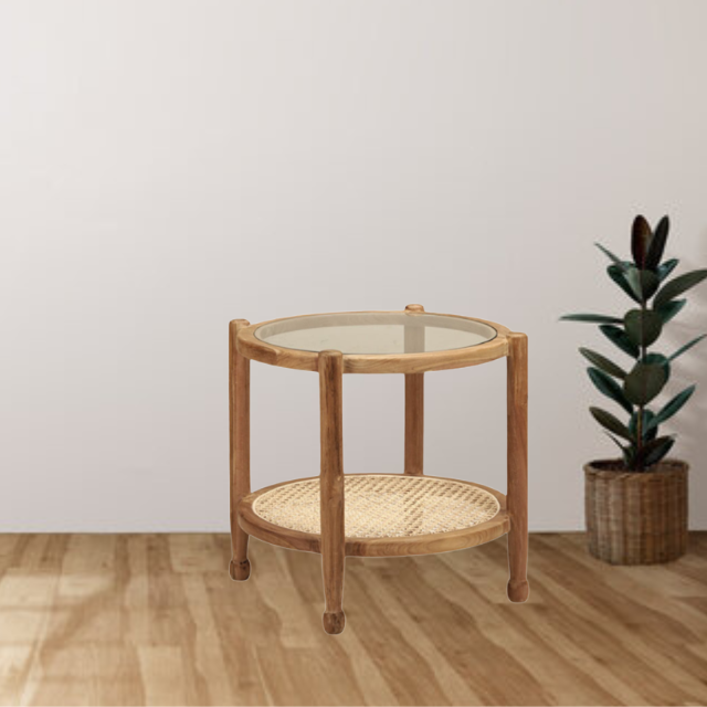 Rattan round coffee table with teak solid wood and glass home furniture modern simple design high quality  wholesale  price