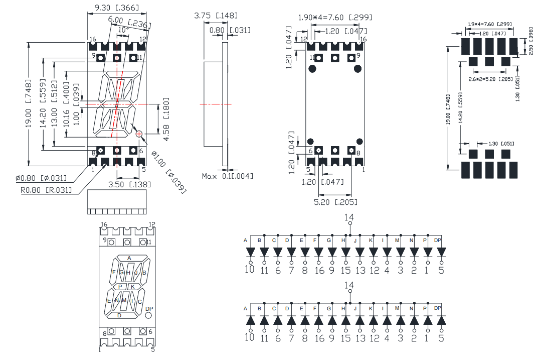 0.40 inch ultra thin full color surface mount  4011 SMD SMT single digit 14 segment Alphanumeric led display