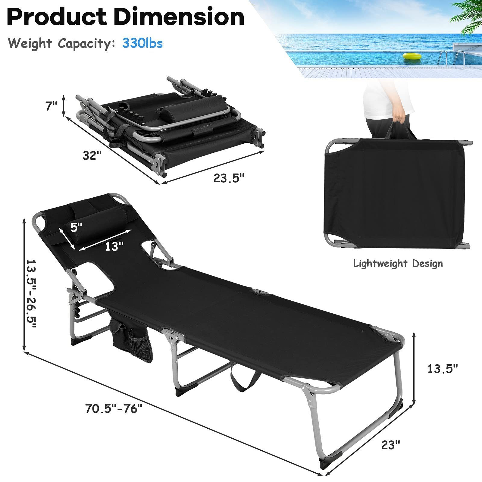 Foldable Durable Oxford Outdoor Pool Sun Lounger zero gravity Beach Recliner Chair Aluminum Tanning Chair with Face Arm Holes