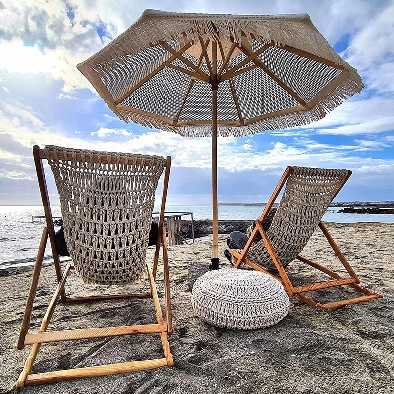 Outdoor Relax Bali Bohemia Cotton Rope Macrame Weaving Deck Beach Sling Chair Folding Wooden Lawn Patio Lounger Reclining Chairs