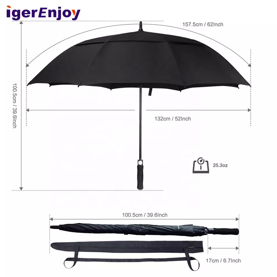 Promotional Wholesale Custom Logo Printing, Windproof Large 62 Inch 68 Inch Rain Black Double Canopy Straight Golf Umbrellas/