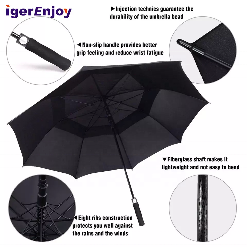 Promotional Wholesale Custom Logo Printing, Windproof Large 62 Inch 68 Inch Rain Black Double Canopy Straight Golf Umbrellas/