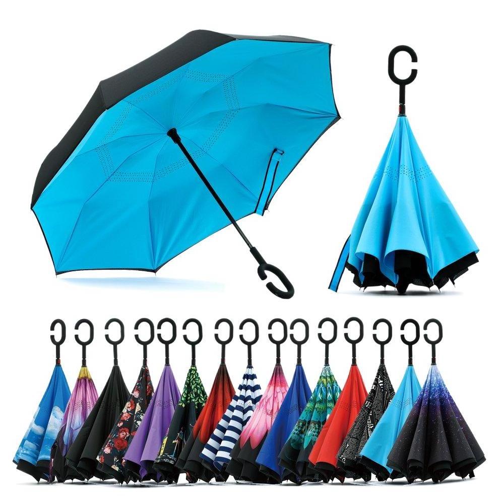 Custom Folding Reverse Inverted Reversible Umbrella with C Handle Double Layer, 49