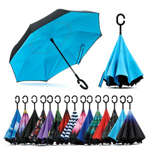 Custom Folding Reverse Inverted Reversible Umbrella with C Handle Double Layer, 49" Arc upside down umbrella inside out umbrella