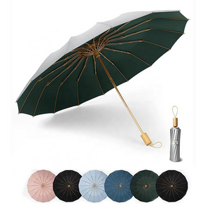 Double Layer Anti-UV 16 Ribs Golden Umbrella Stand Frame 3 Folding Compact Golf Umbrellas With Custom Logo Prints For Men Women/