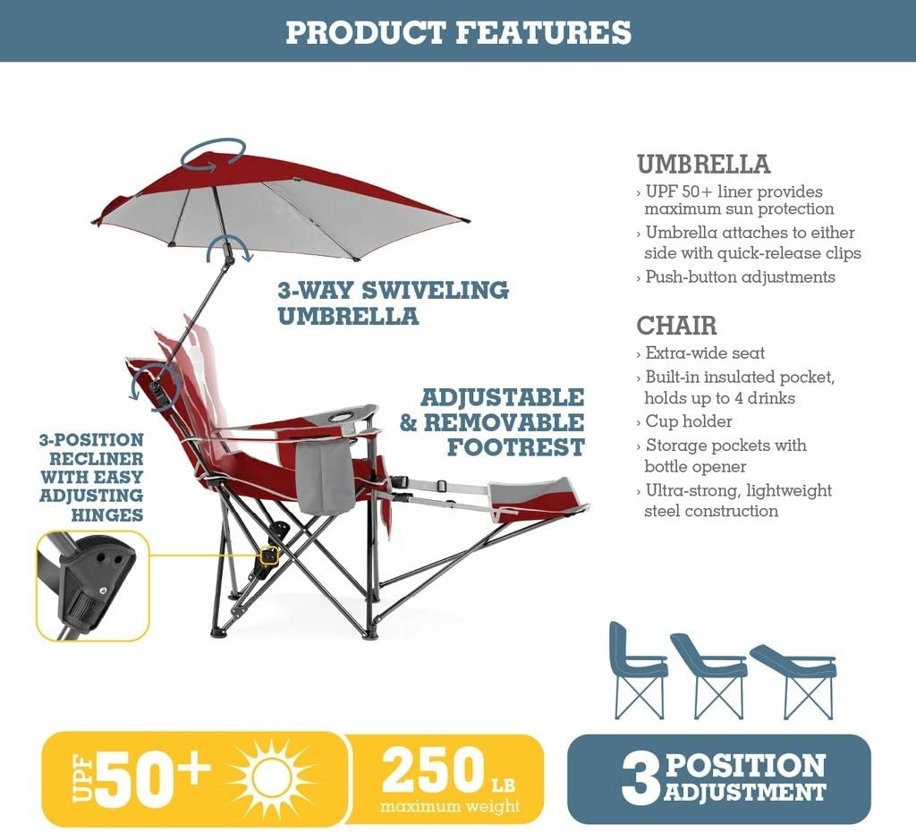 New Style Camping travel Chair 3 Position Folding Recliner Beach Chair with Removable Umbrella and Footrest