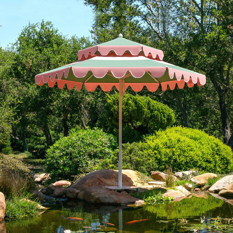 Wholesale Popular 2.7m Tilt Boho Pink Two-Tier Patio Umbrella With Tassels For Garden Table Outdoor Sun Market Poolside Parasols