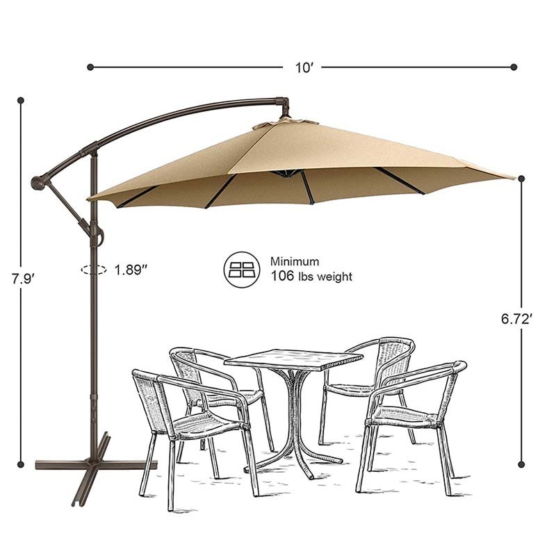 10FT Cantilever Patio Umbrella 100% Polyester Offset Hanging Sun Umbrella with Crank & Cross Base for Outdoor Garden Backyard