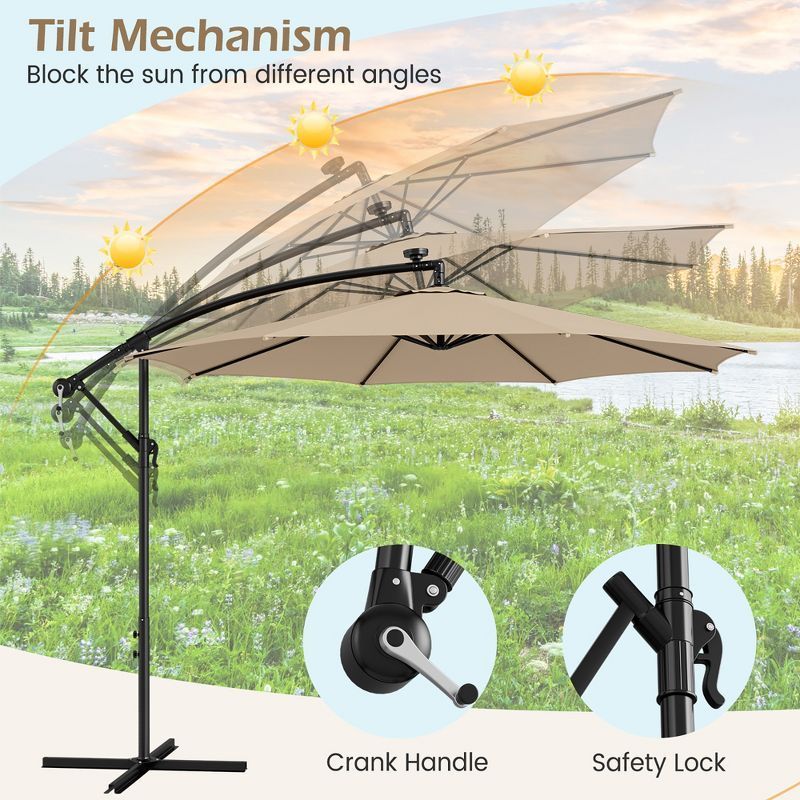 High quality Polyester Garden Banana Offset Parasol With Solar LED Lights 3m Crank Hanging Cantilever Outdoor Sun Patio Umbrella