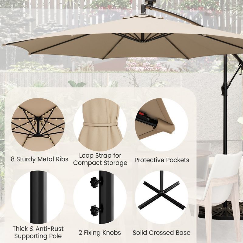 High quality Polyester Garden Banana Offset Parasol With Solar LED Lights 3m Crank Hanging Cantilever Outdoor Sun Patio Umbrella