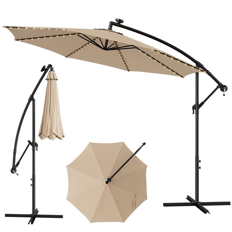 High quality Polyester Garden Banana Offset Parasol With Solar LED Lights 3m Crank Hanging Cantilever Outdoor Sun Patio Umbrella