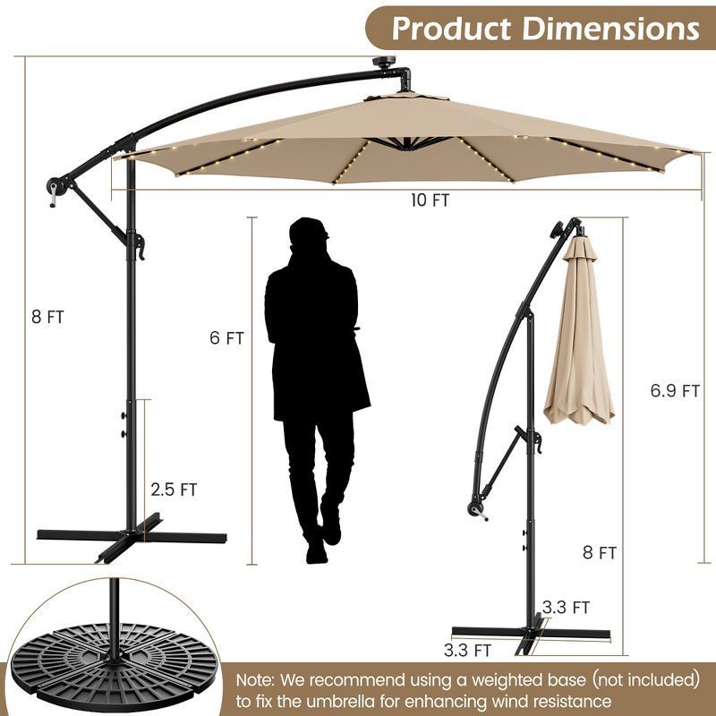 High quality Polyester Garden Banana Offset Parasol With Solar LED Lights 3m Crank Hanging Cantilever Outdoor Sun Patio Umbrella