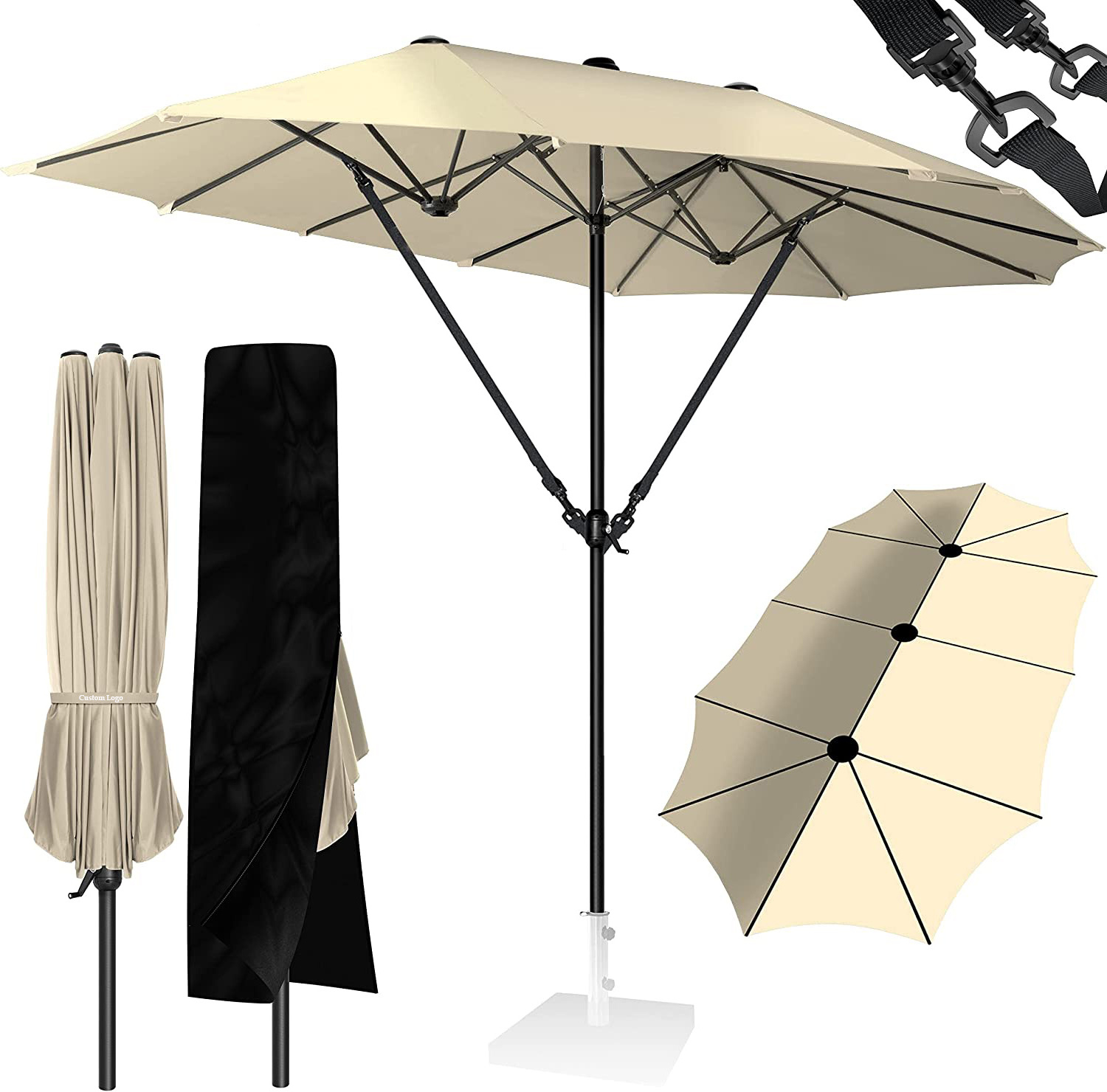 Extra Large 15 Ft Aluminium Twin Canopy Double-Side  Parasol Windproof Big Outdoor Sun Commercial Garden Patio Umbrellas/