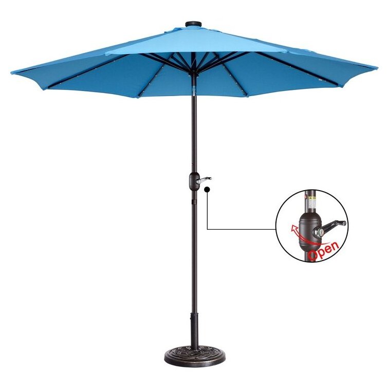 2.7M Blue Large 8 Rib Steel Frame Waterproof Tilt Outdoor Solar Powered Garden Patio Umbrella With Push Button Tilt And Crank