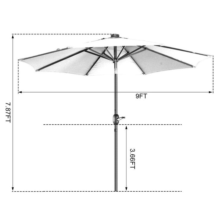 2.7M Blue Large 8 Rib Steel Frame Waterproof Tilt Outdoor Solar Powered Garden Patio Umbrella With Push Button Tilt And Crank