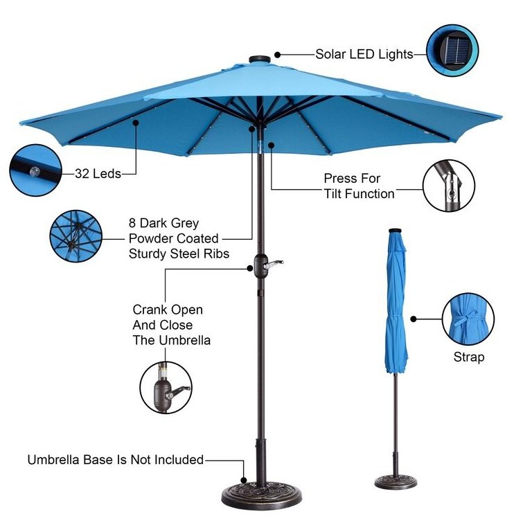 2.7M Blue Large 8 Rib Steel Frame Waterproof Tilt Outdoor Solar Powered Garden Patio Umbrella With Push Button Tilt And Crank