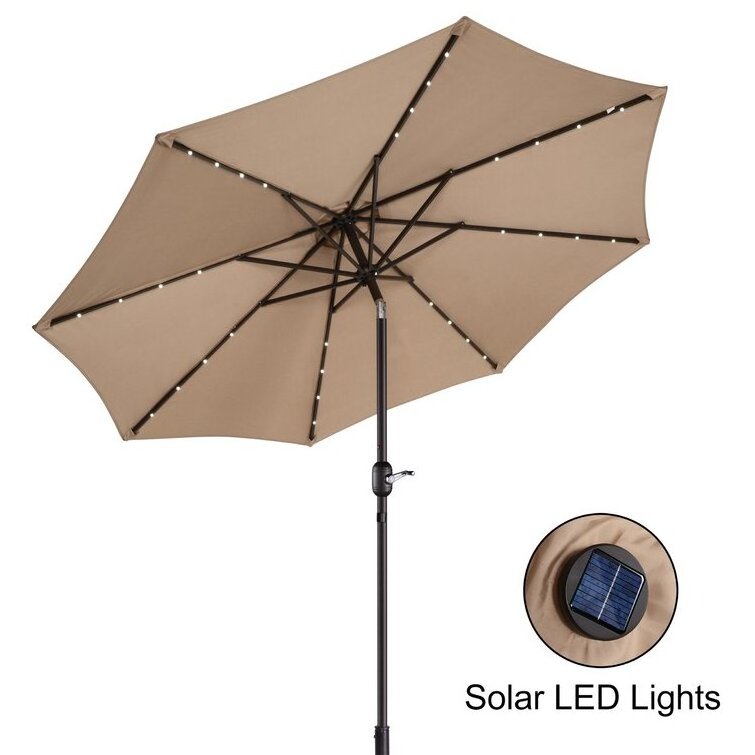 Heavy Duty Outdoor 9ft Garden Commercial Parasols Custom Branded Solar Led Lights Patio Market Table Umbrella With 8 Sturdy Ribs