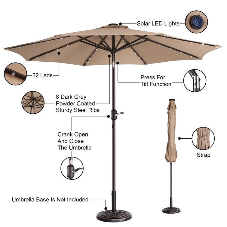 Heavy Duty Outdoor 9ft Garden Commercial Parasols Custom Branded Solar Led Lights Patio Market Table Umbrella With 8 Sturdy Ribs