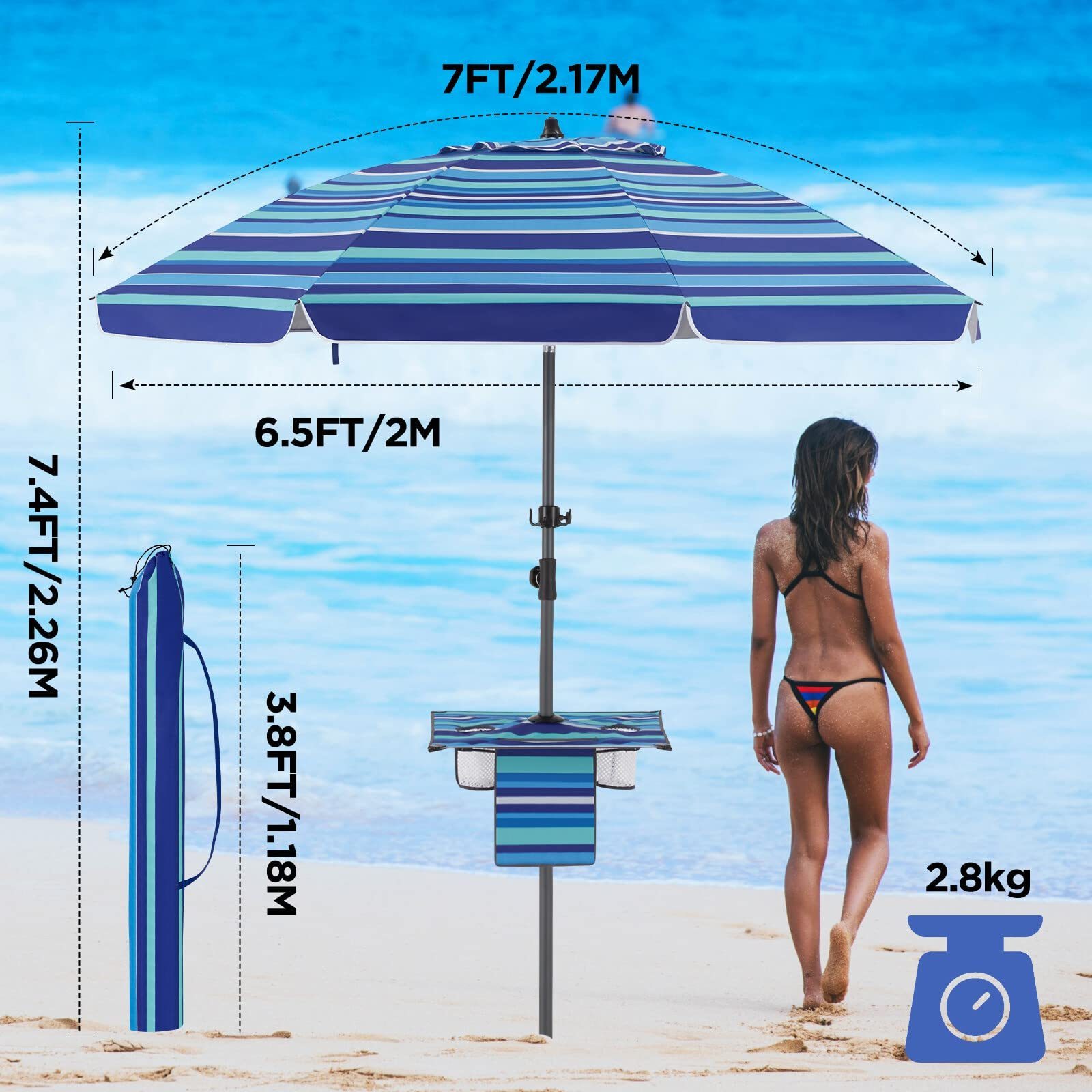 7FT 8.5FT Large 8 Fiberglass Ribs Oxford Cloth Silver UPF 50+ Sun Protection Layer Beach Umbrella With Hooks Foldable Tables