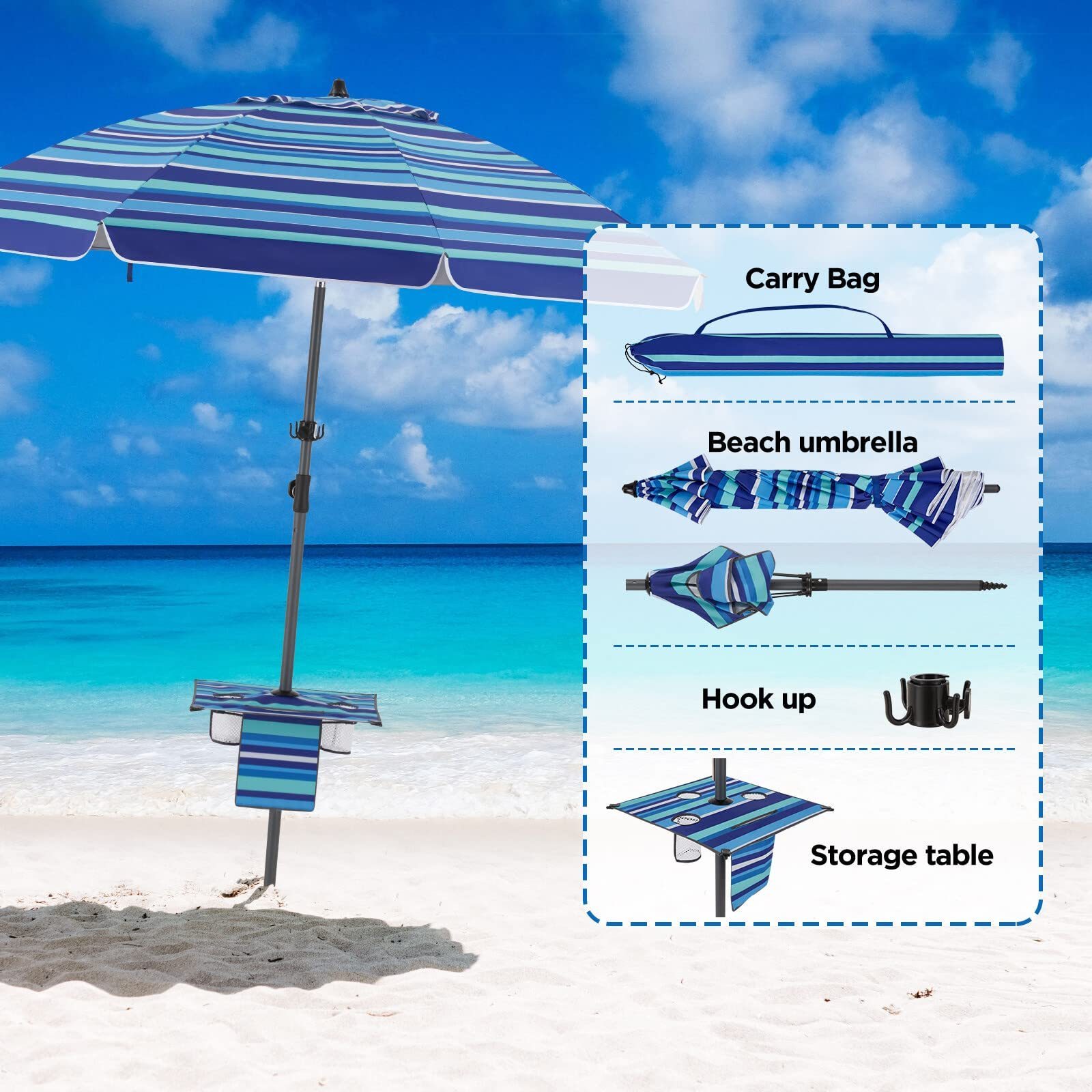 7FT 8.5FT Large 8 Fiberglass Ribs Oxford Cloth Silver UPF 50+ Sun Protection Layer Beach Umbrella With Hooks Foldable Tables