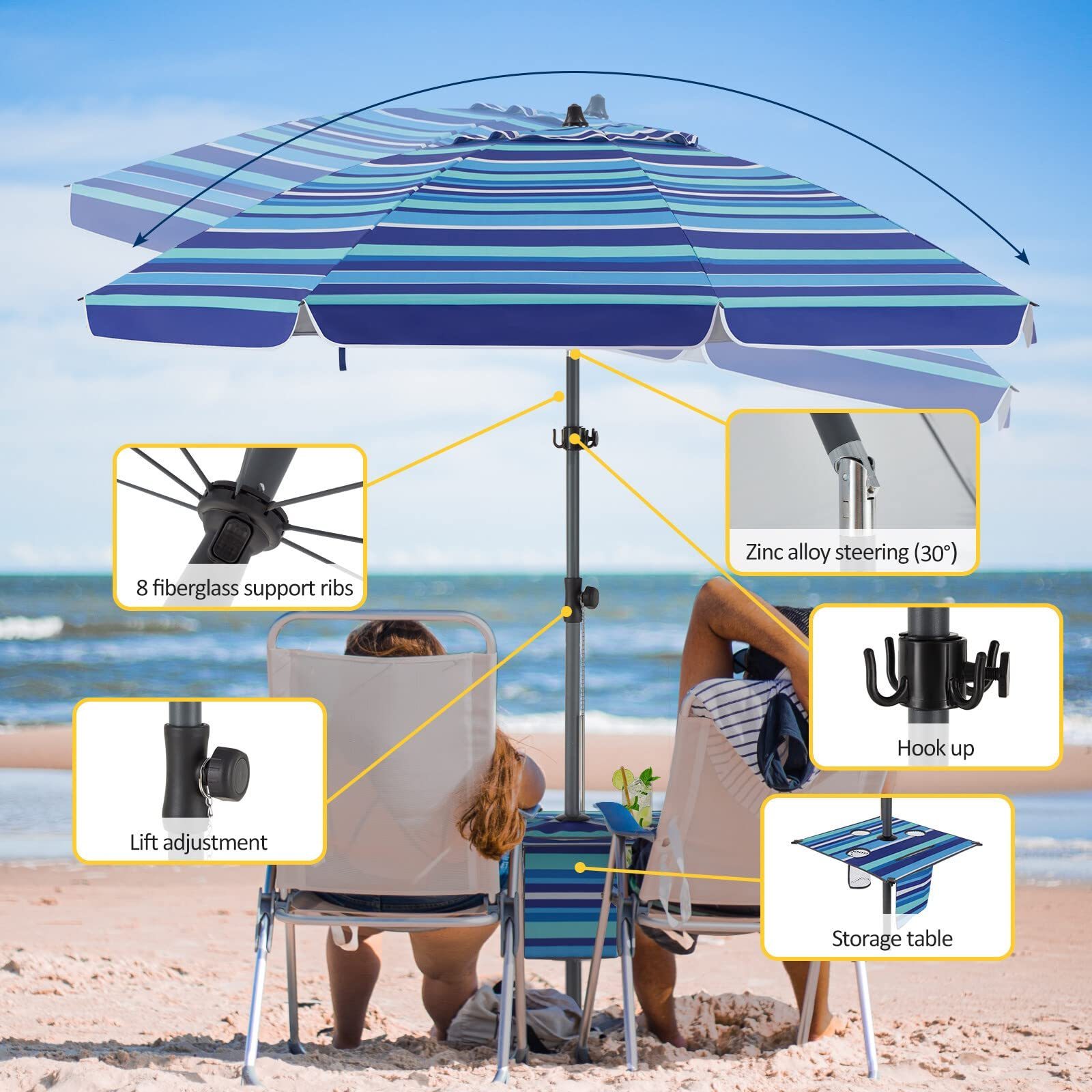 7FT 8.5FT Large 8 Fiberglass Ribs Oxford Cloth Silver UPF 50+ Sun Protection Layer Beach Umbrella With Hooks Foldable Tables